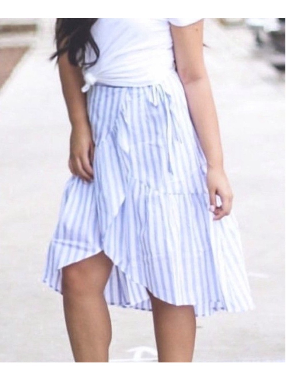 Loft Striped Ruffled Wrap Midi Skirt Sz 16 Blue White Nautical Coastal Preppy